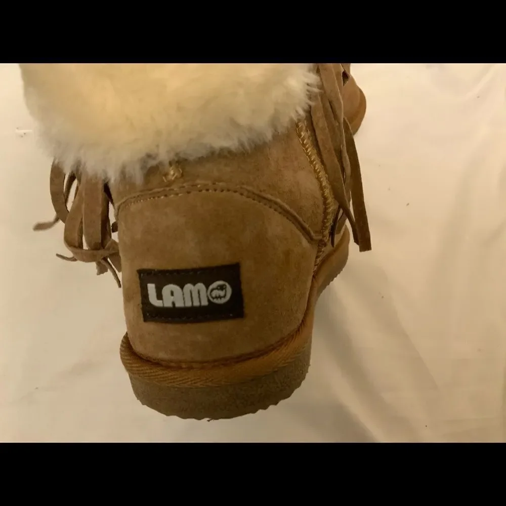 LAM Girls Brown Boots Frill Tassels Faux Fur Size 2 Y Suede Leather Booties